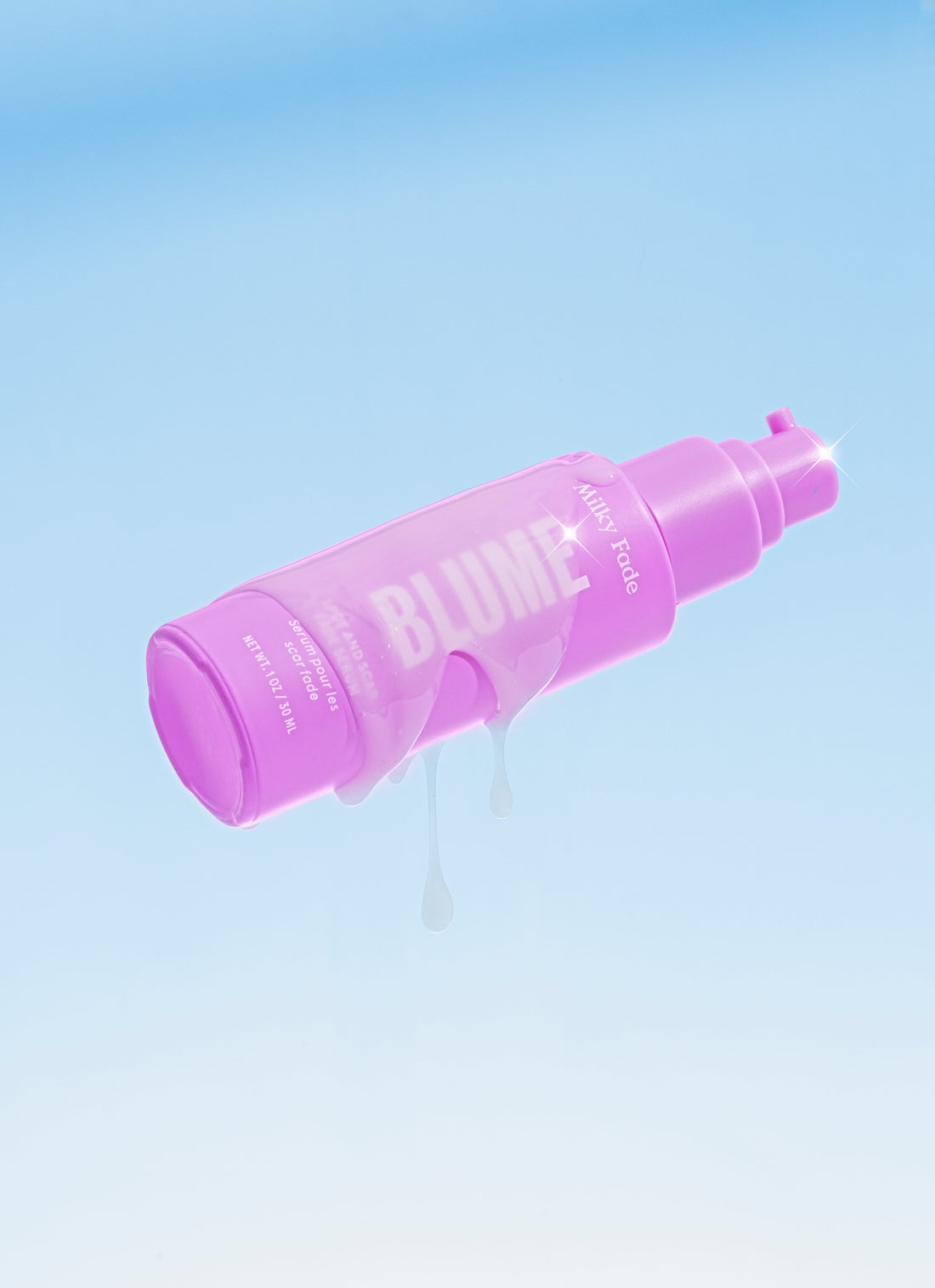 Blume Milky Fade serum bottle with glossy pink packaging and hydrating serum drips against a light blue background.