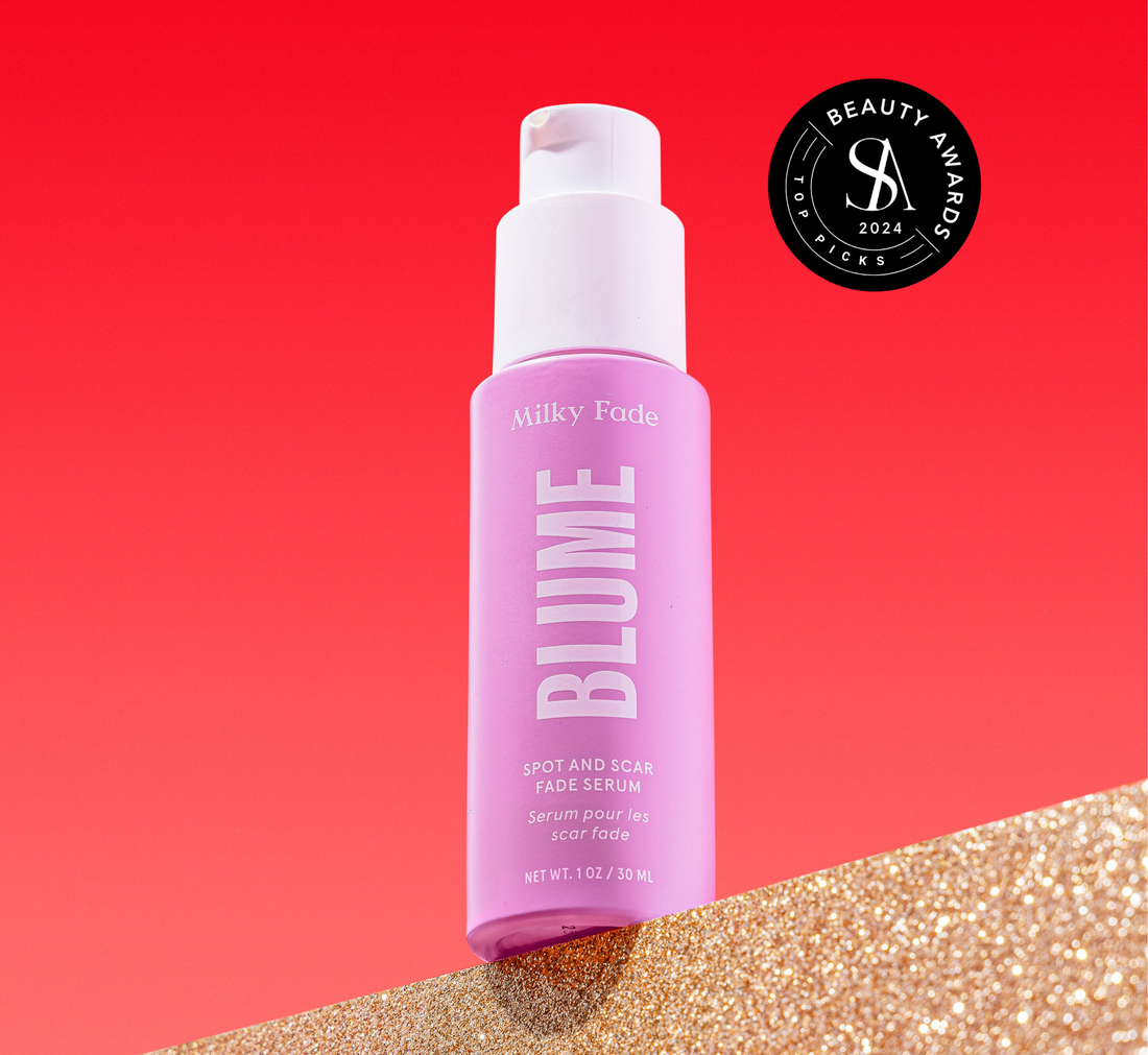 Blume Milky Fade Spot and Scar Fade Serum bottle against a red gradient background, showcased with a 2024 Beauty Awards badge.