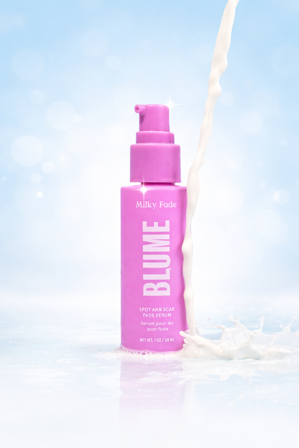 Blume Milky Fade Spot and Scar Fade Serum in a pink bottle with a creamy milk splash against a light blue background.
