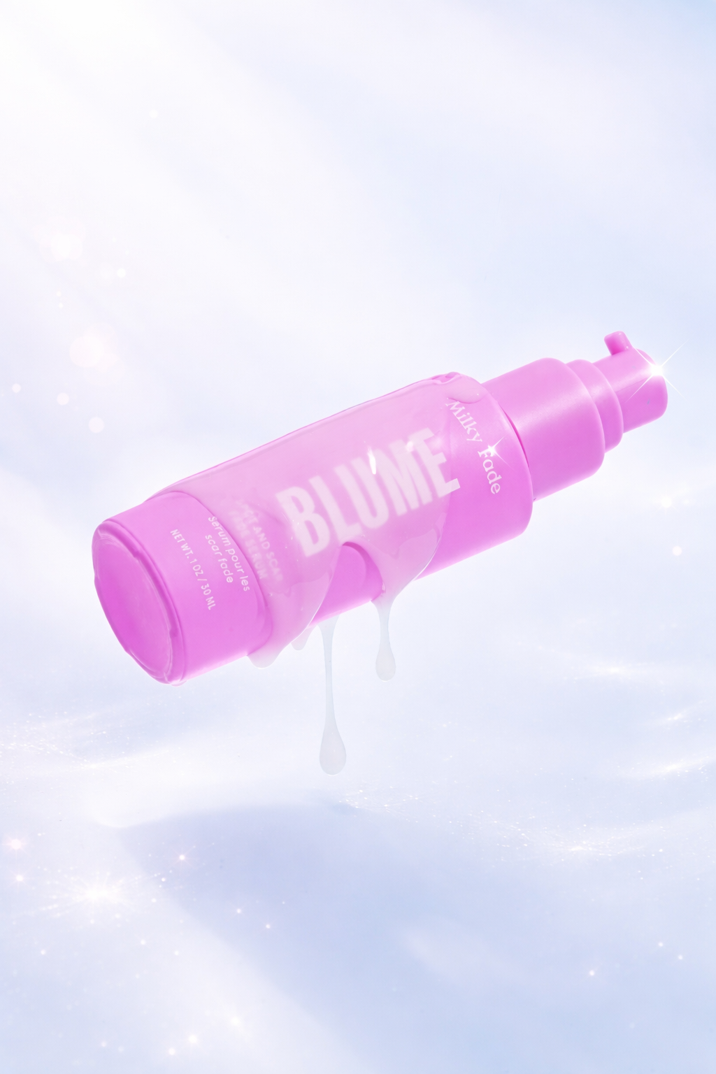Blume Milky Fade Spot and Scar Fade Serum in a pink bottle, floating with a soft glow and serum dripping from the base
