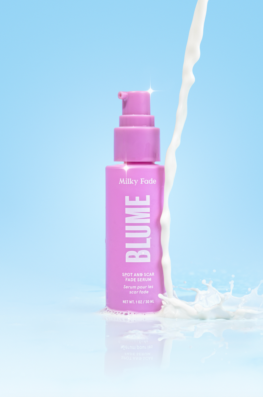 Blume Milky Fade Spot and Scar Fade Serum in a purple bottle with a splash of milky fade against a blue background, skincare product for fading dark spots and scars.