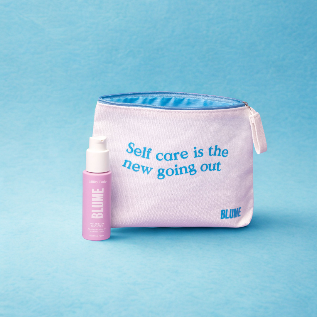 Blume Milky Fade serum and self-care pouch with quote ‘Self care is the new going out’ on a pastel blue background