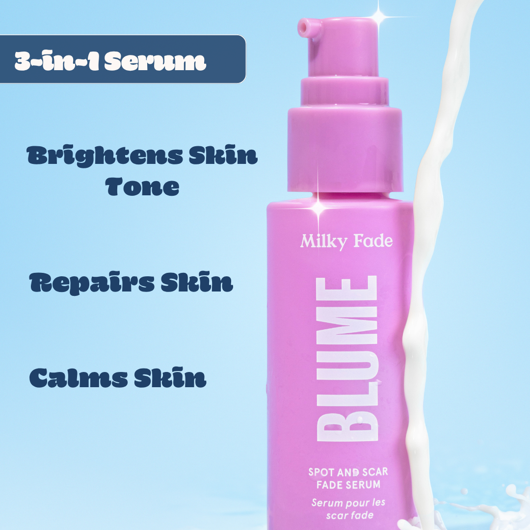 Blume Milky Fade 3-in-1 serum bottle with text highlighting brightens tone, repairs, and calms skin.